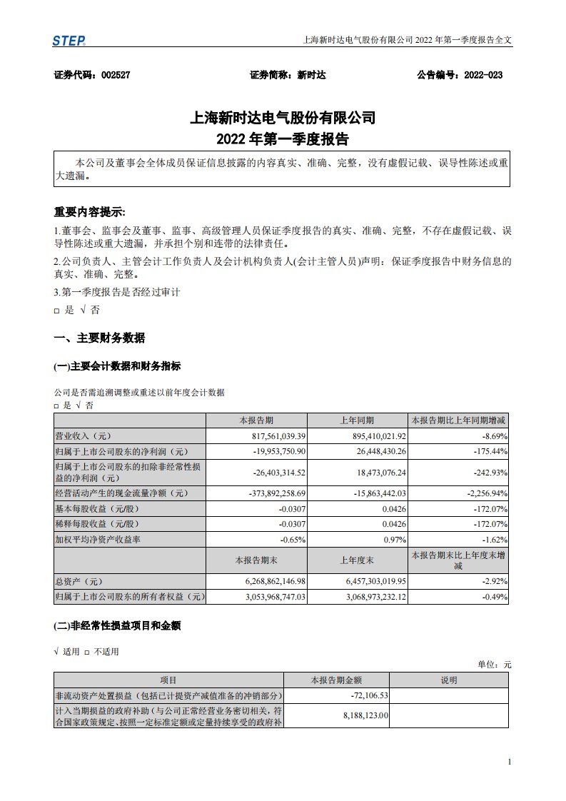 深交所-新时达：2022年一季度报告-20220426