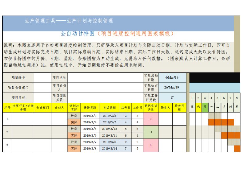 生产计划与控制管理全自动甘特图模板EXCEL表