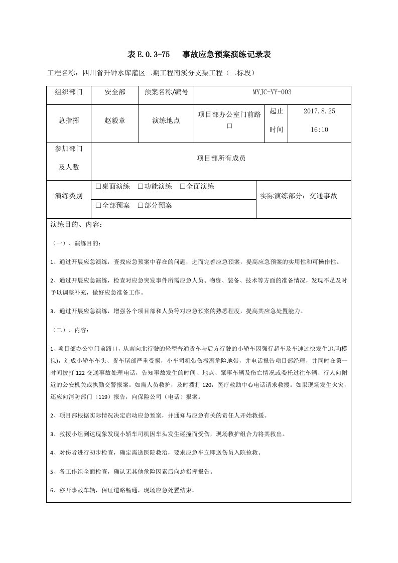 建筑资料-事故应急预案演练记录表003