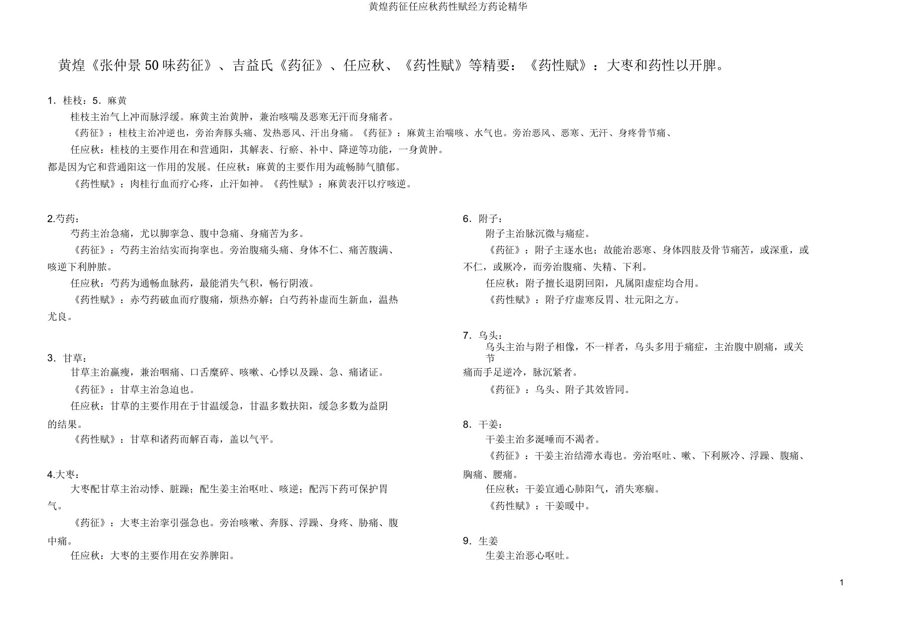 黄煌药征任应秋药性赋经方药论精华