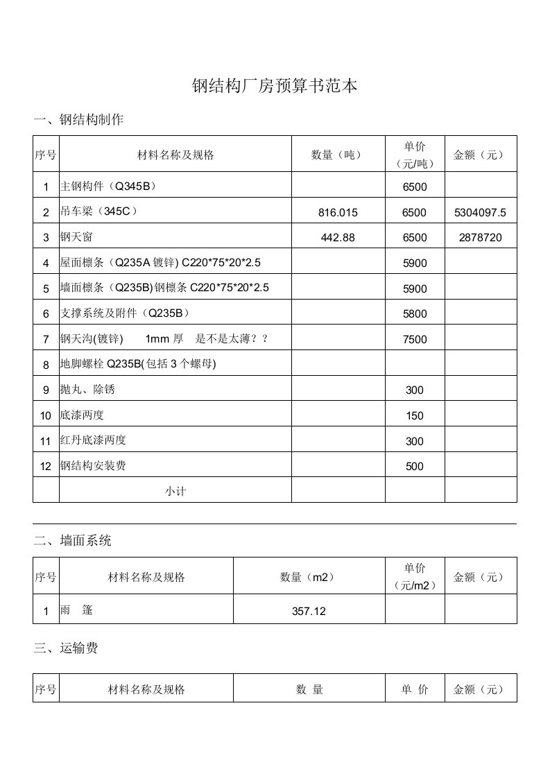 钢结构厂房预算书范本