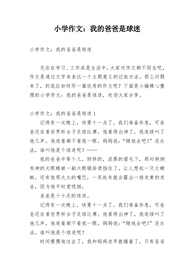 小学作文：我的爸爸是球迷