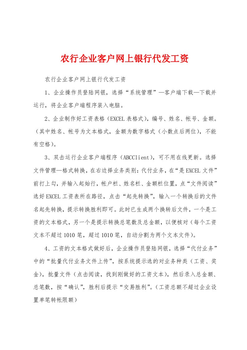 农行企业客户网上银行代发工资