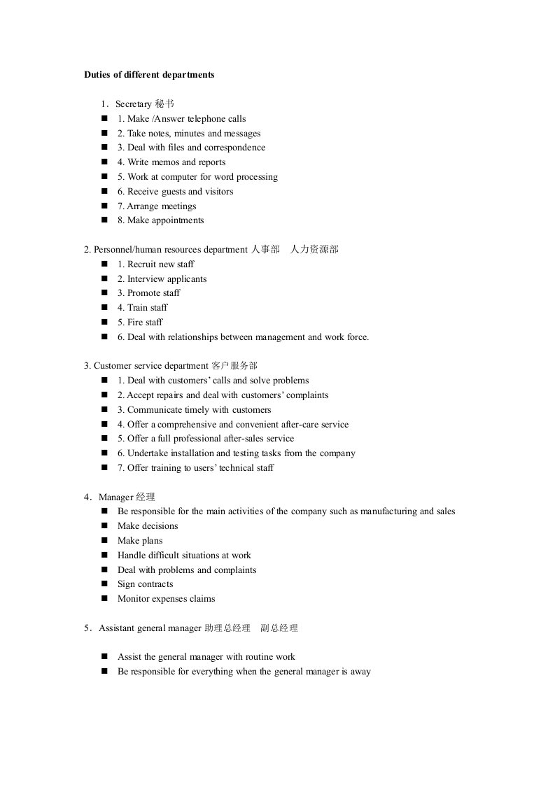 资料之英语介绍公司各个部门职能