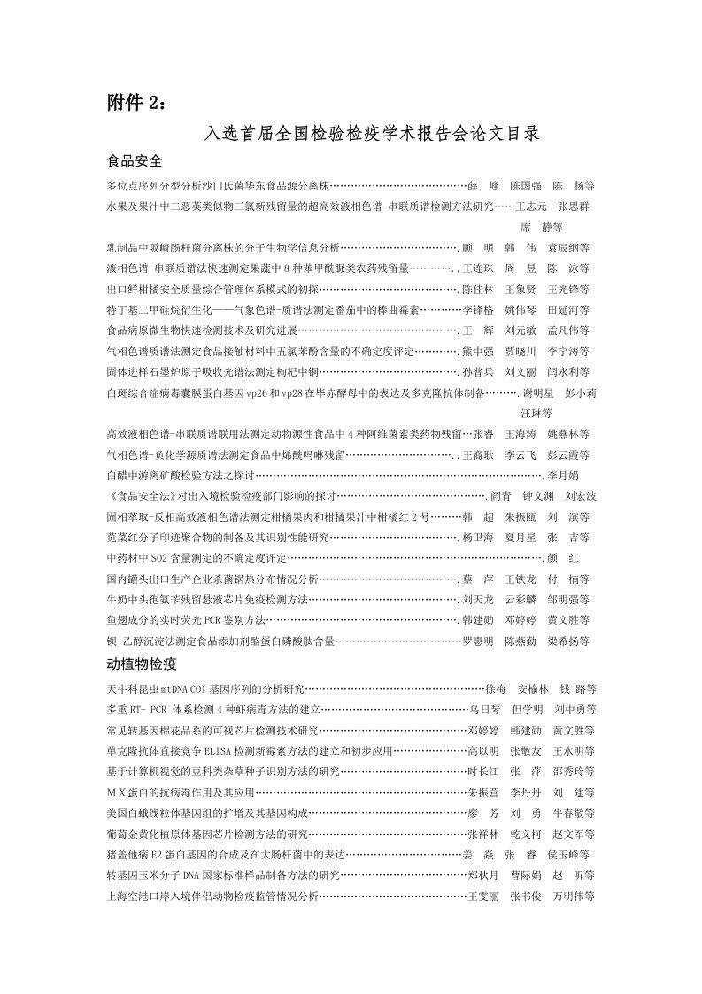 入选首届全国检验检疫学术报告会论文目录