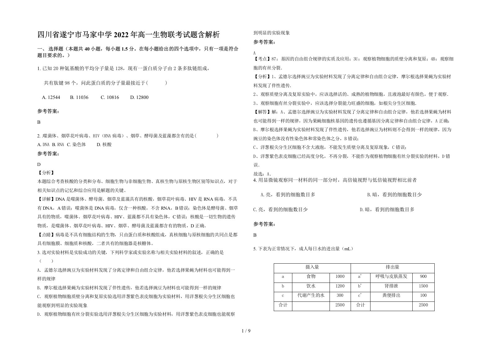 四川省遂宁市马家中学2022年高一生物联考试题含解析