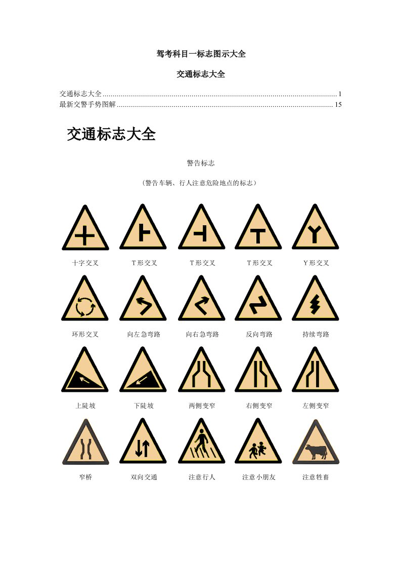 驾考科目一标志图示大全总结