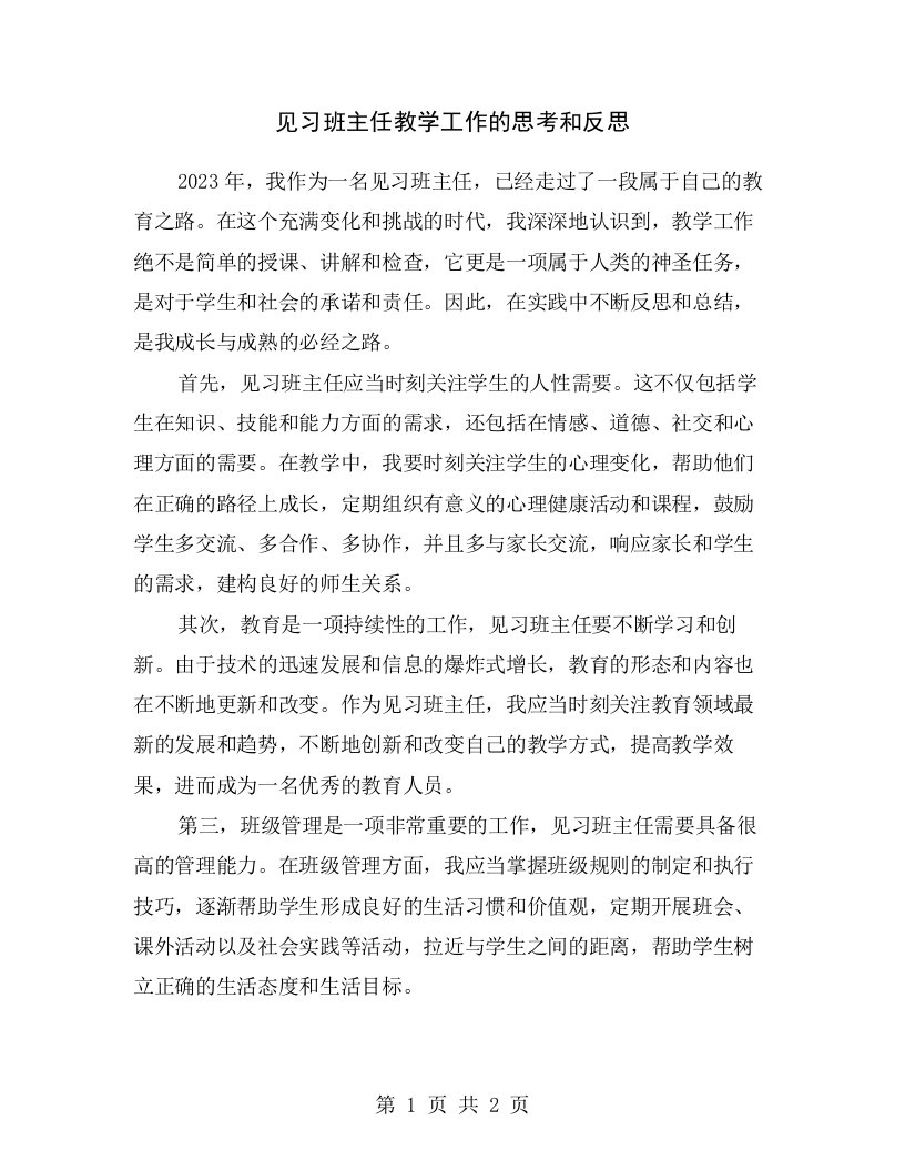 见习班主任教学工作的思考和反思