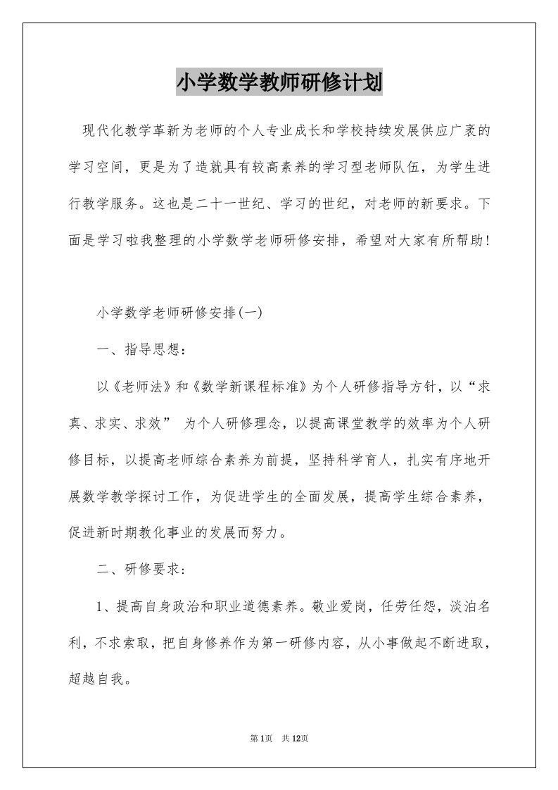 小学数学教师研修计划