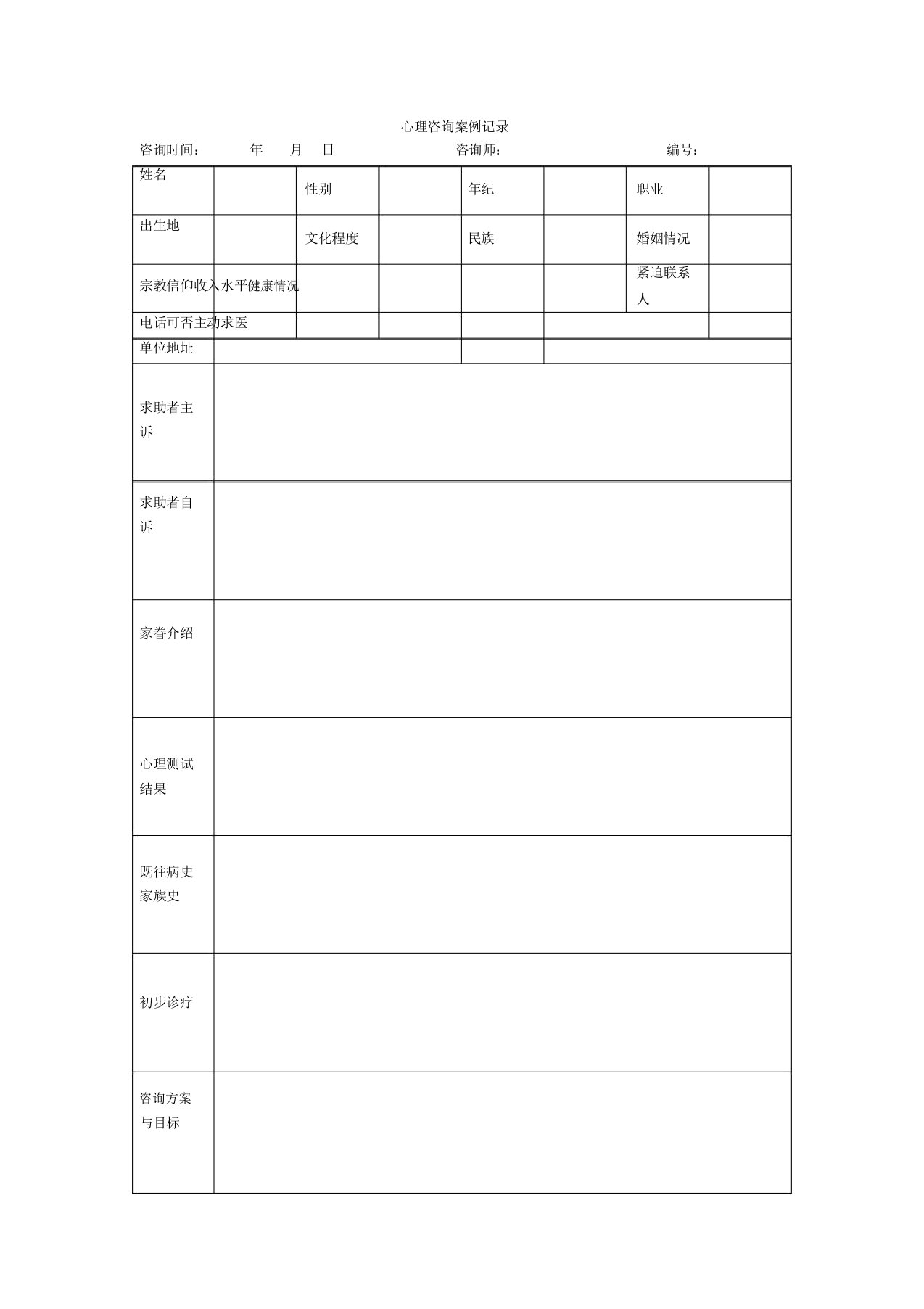 心理咨询案例记录表