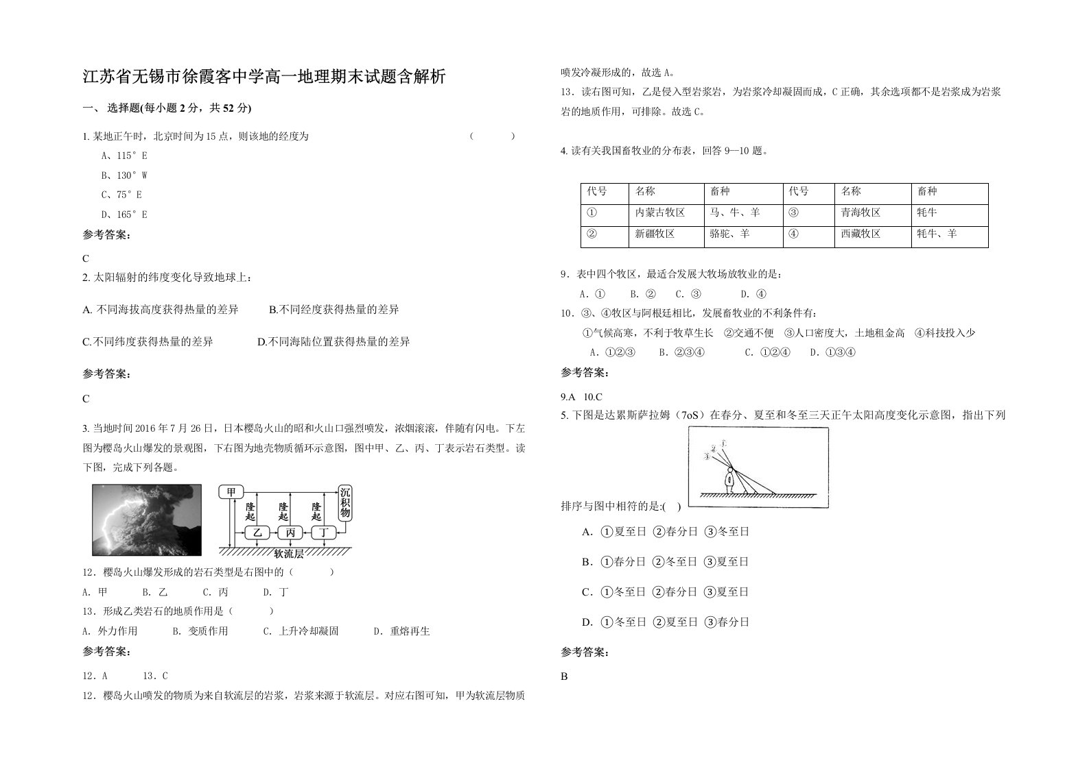 江苏省无锡市徐霞客中学高一地理期末试题含解析