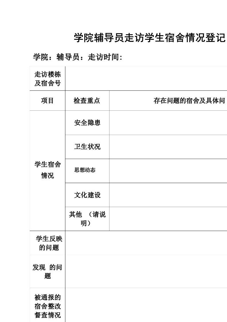 学院辅导员走访学生宿舍情况登记表