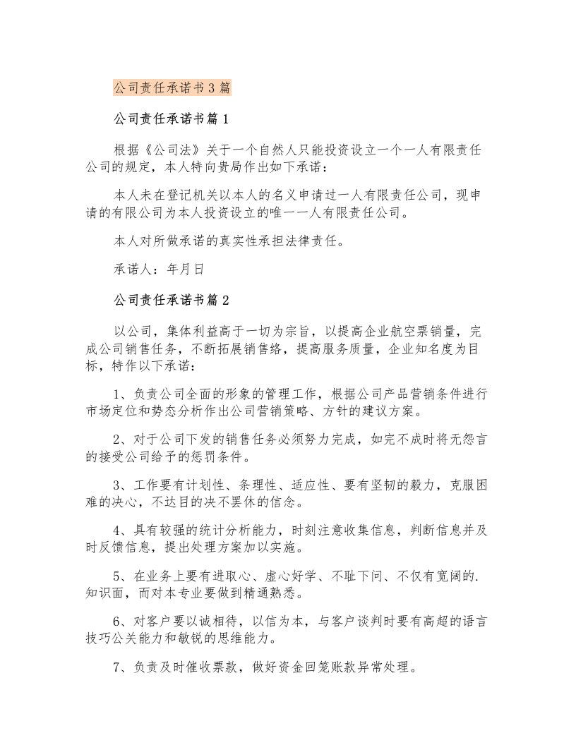 公司责任承诺书3篇