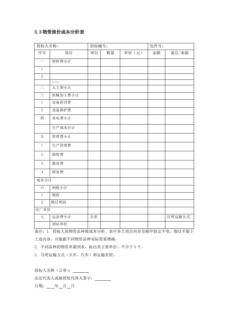 招投标物资采购报价成本表