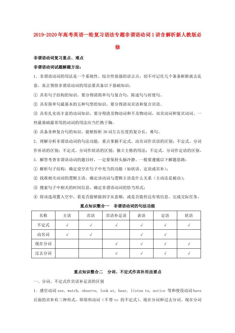 2019-2020年高考英语一轮复习语法专题非谓语动词1讲含解析新人教版必修