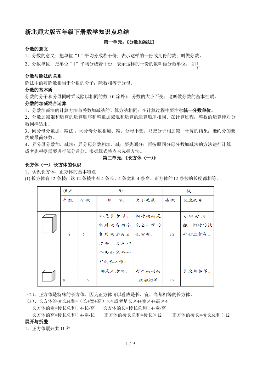 新版北师大版五年级下册数学知识点汇总