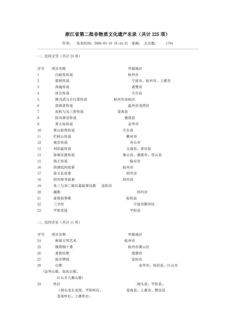 浙江省第二批非物质文化遗产名录