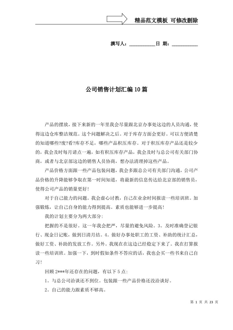 公司销售计划汇编10篇二