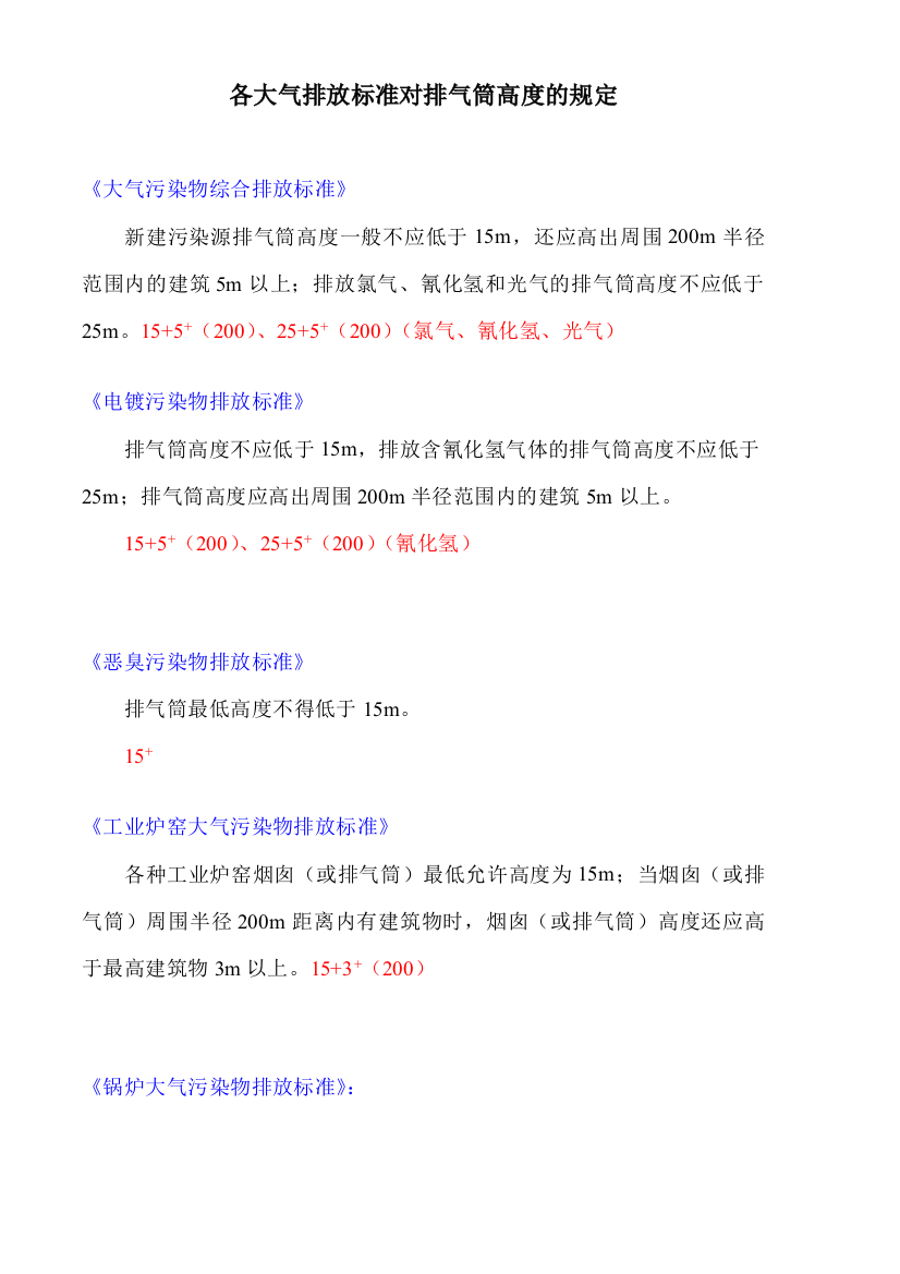 各大气排放标准对排气筒高的规定