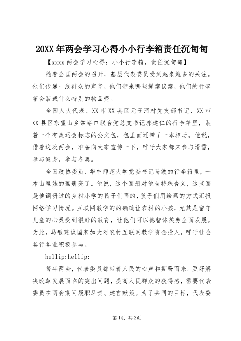 20XX年两会学习心得小小行李箱责任沉甸甸