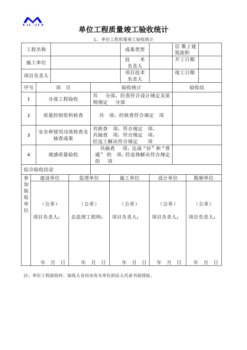 单位工程质量竣工验收记录