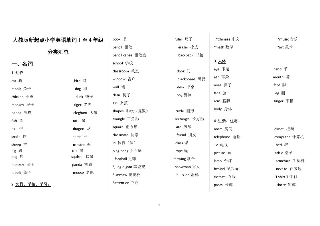 人教版新起点小学英语单词1至4年级