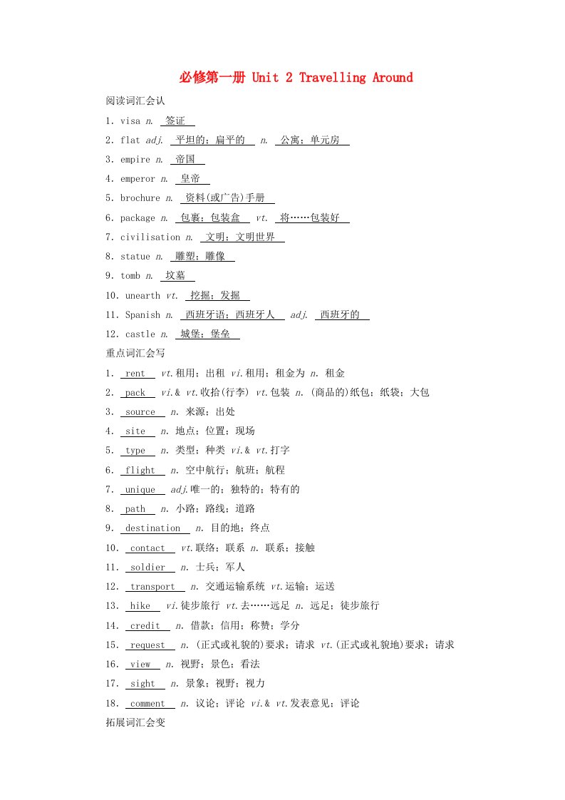 2025版高考英语一轮总复习重点单词必修第一册Unit2TravellingAround