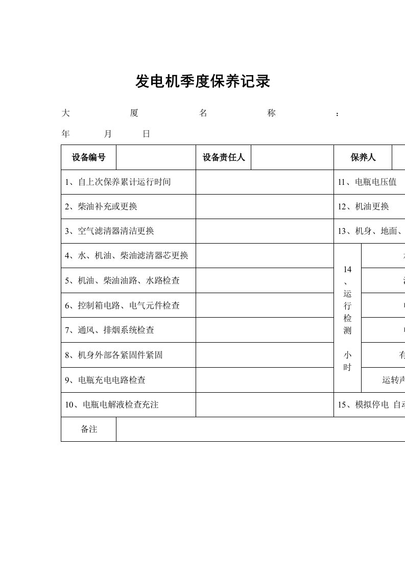 物业管理-物业管理表格发电机季度保养记录