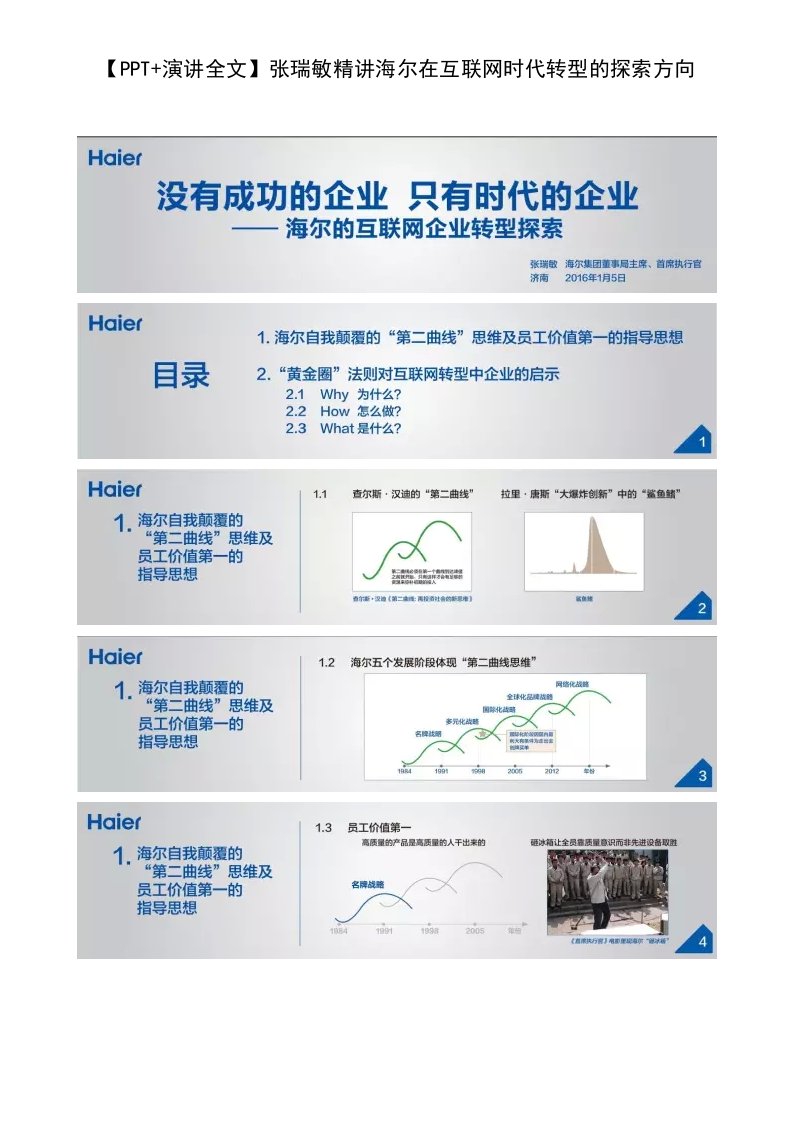 PPT演讲全文张瑞敏精讲海尔在互联网时代转型的探索方向