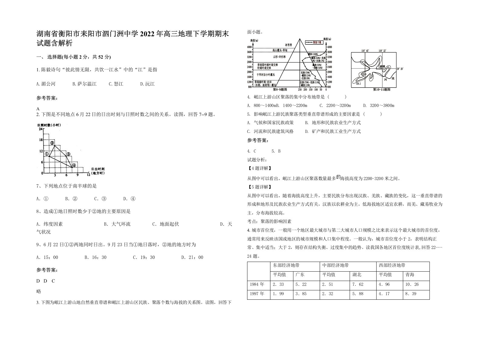 湖南省衡阳市耒阳市泗门洲中学2022年高三地理下学期期末试题含解析