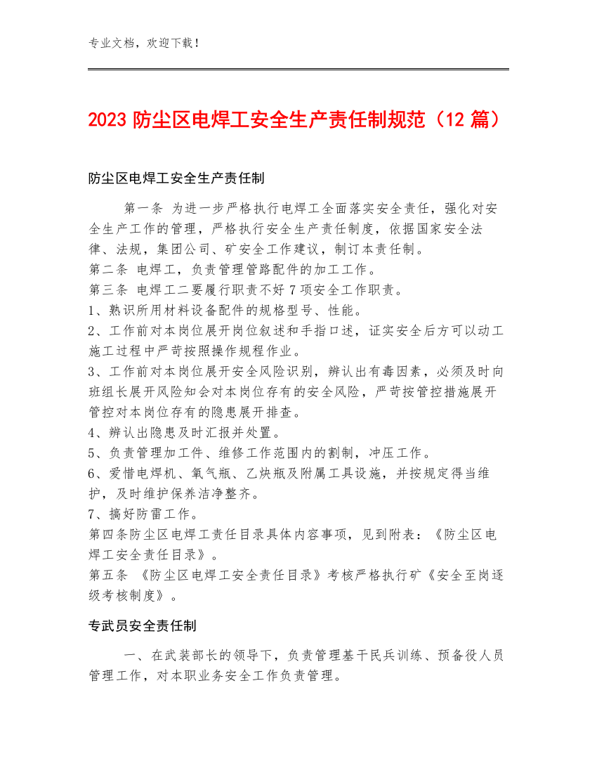 2023防尘区电焊工安全生产责任制规范（12篇）