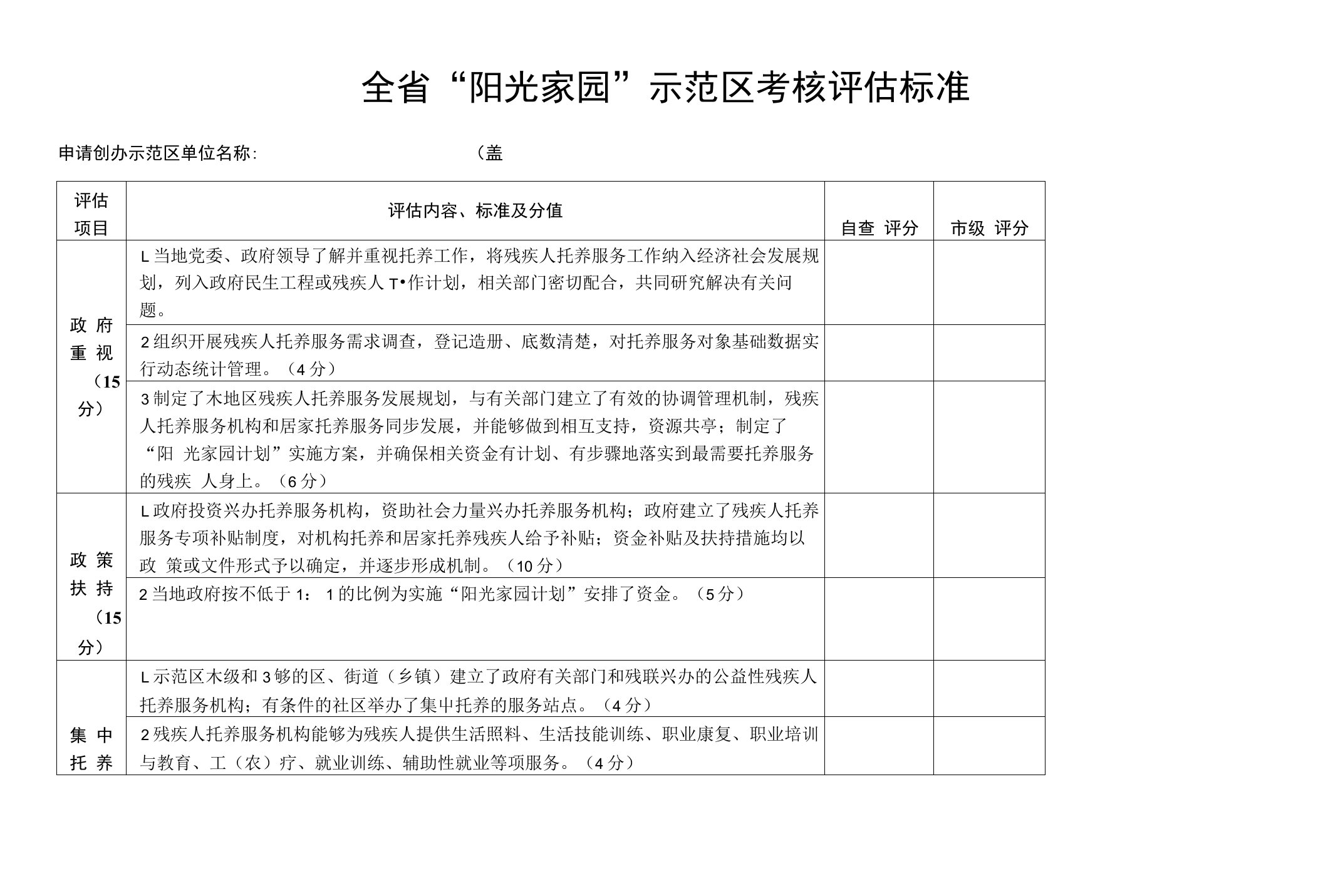 全省“阳光家园”示范区考核评估标准