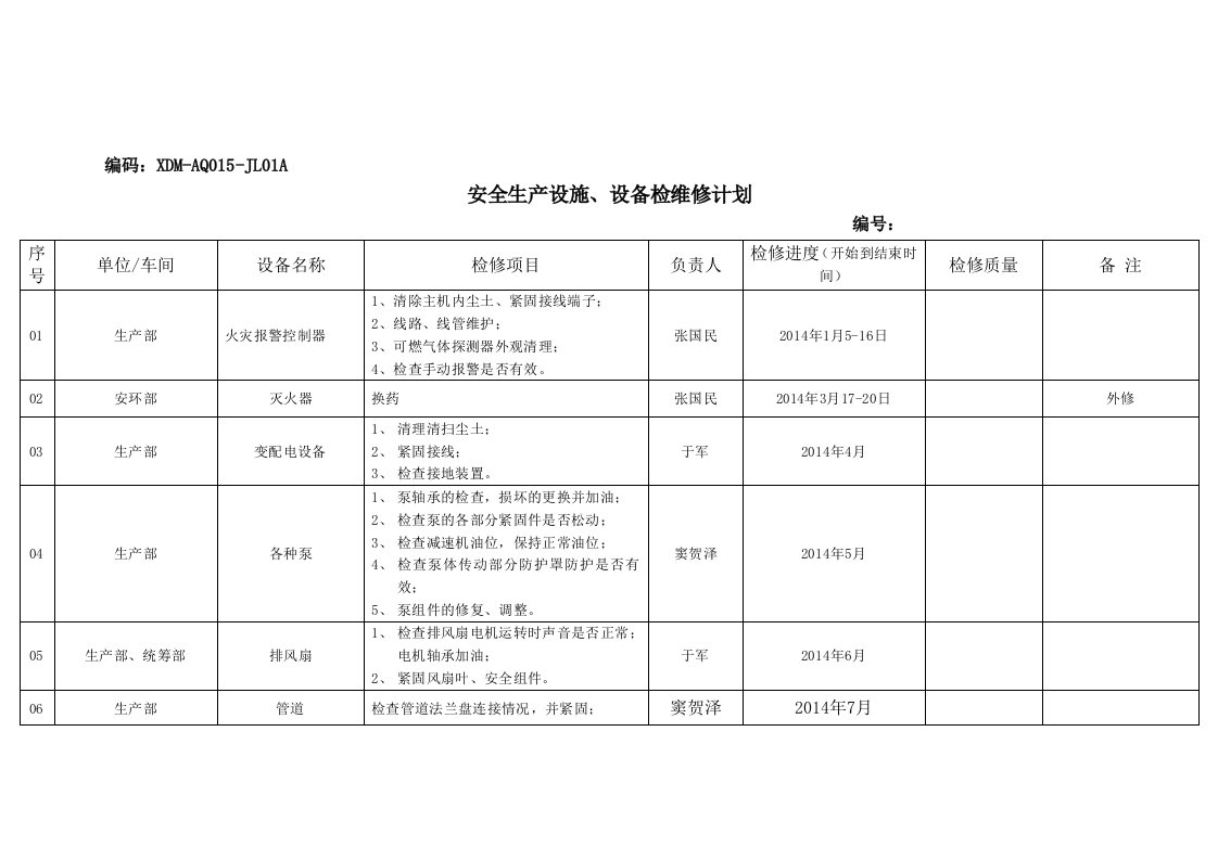 安全生产设施、设备检维修计划