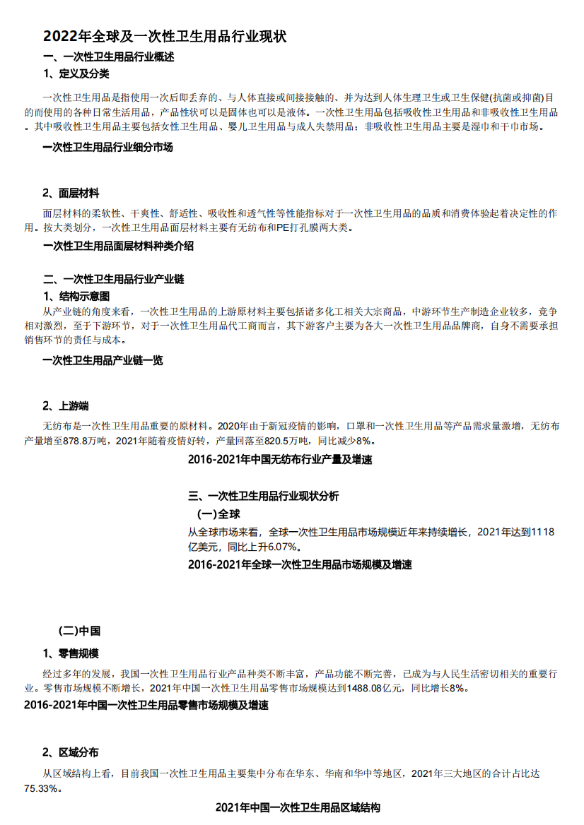 2022年全球及一次性卫生用品行业现状