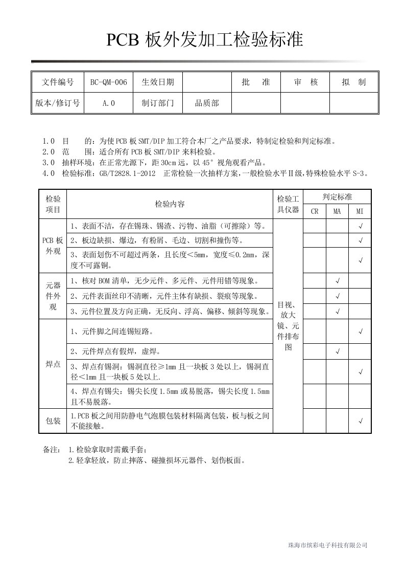 PCB板外发加工检验标准