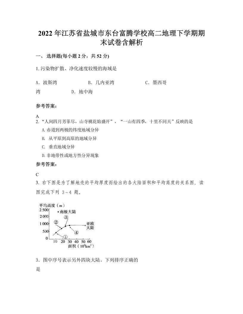 2022年江苏省盐城市东台富腾学校高二地理下学期期末试卷含解析