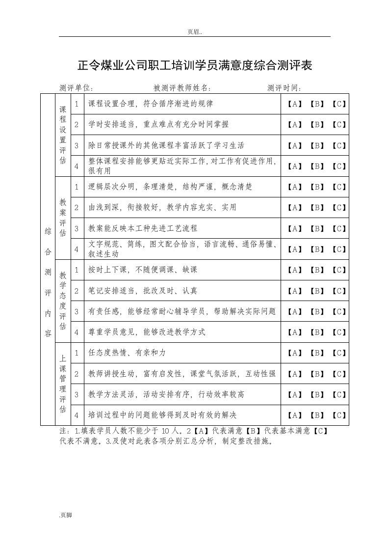 职工培训满意度测评表