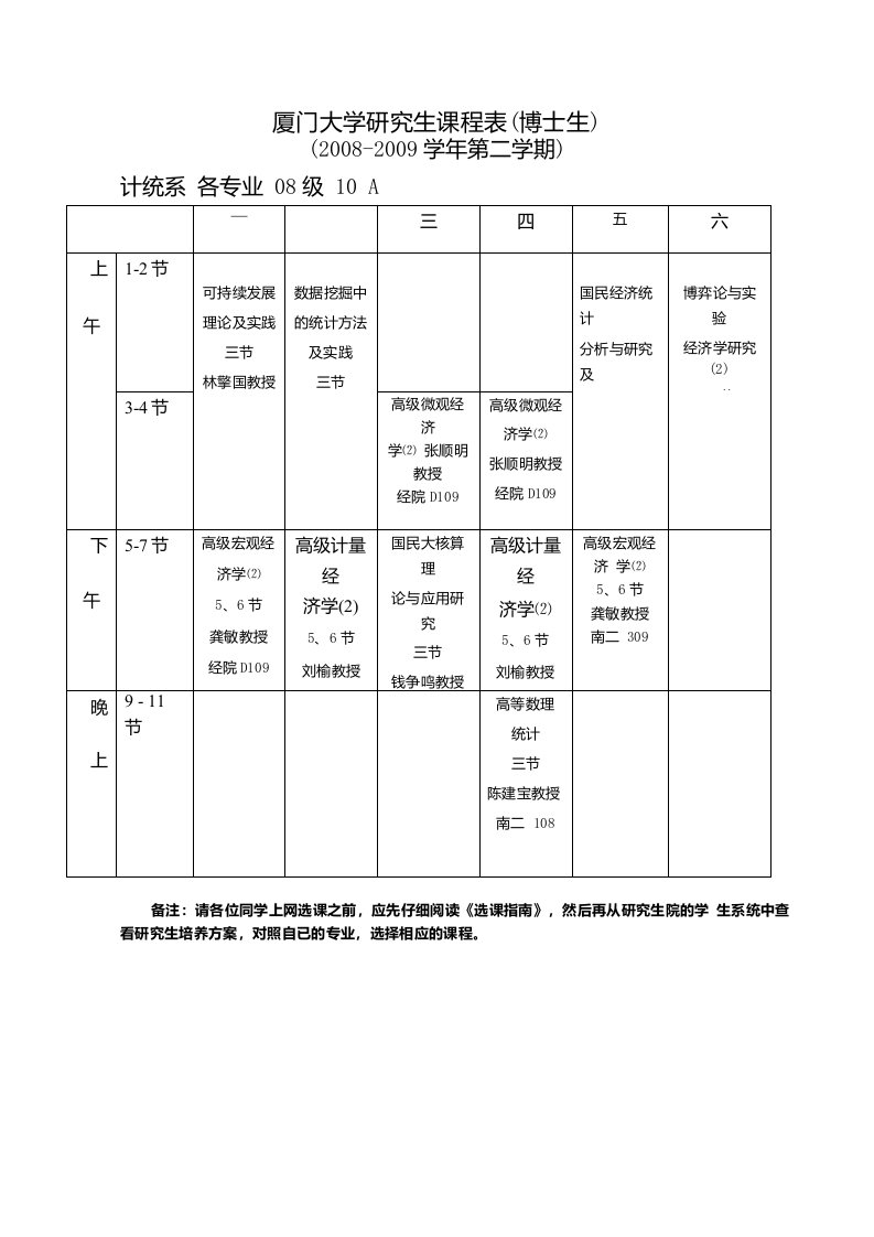 厦门大学研究生课程表(博士生)