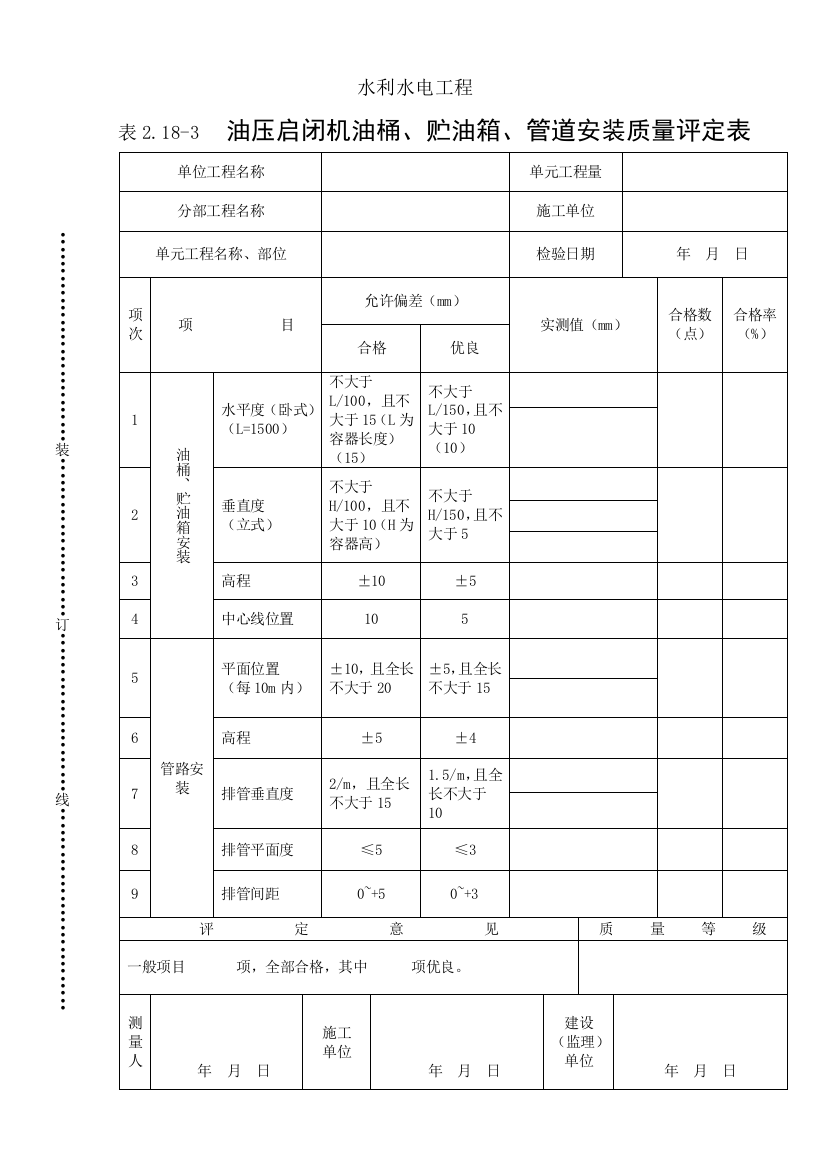 表218-3油压启闭机油桶、贮油箱、管道安装质量评定表