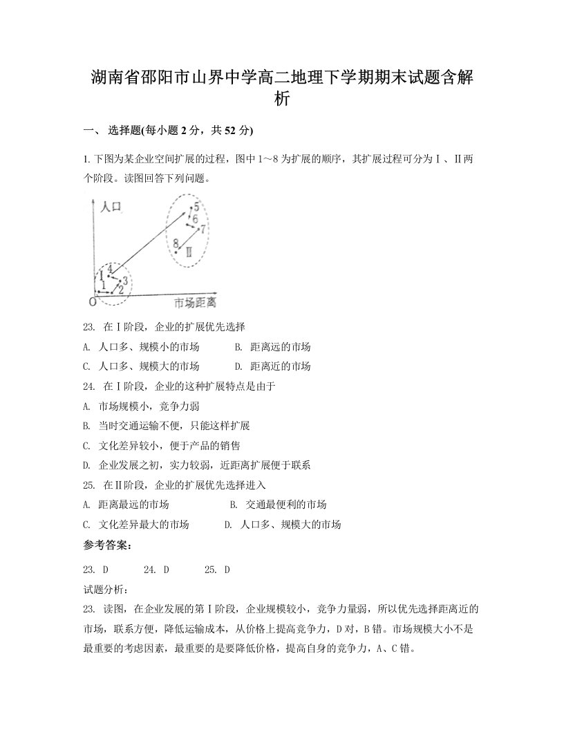 湖南省邵阳市山界中学高二地理下学期期末试题含解析