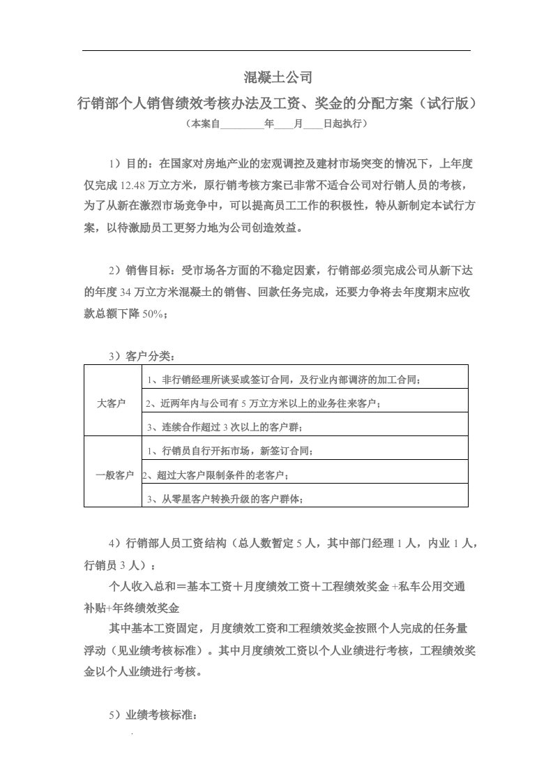 某商品混凝土销售业绩提成方案