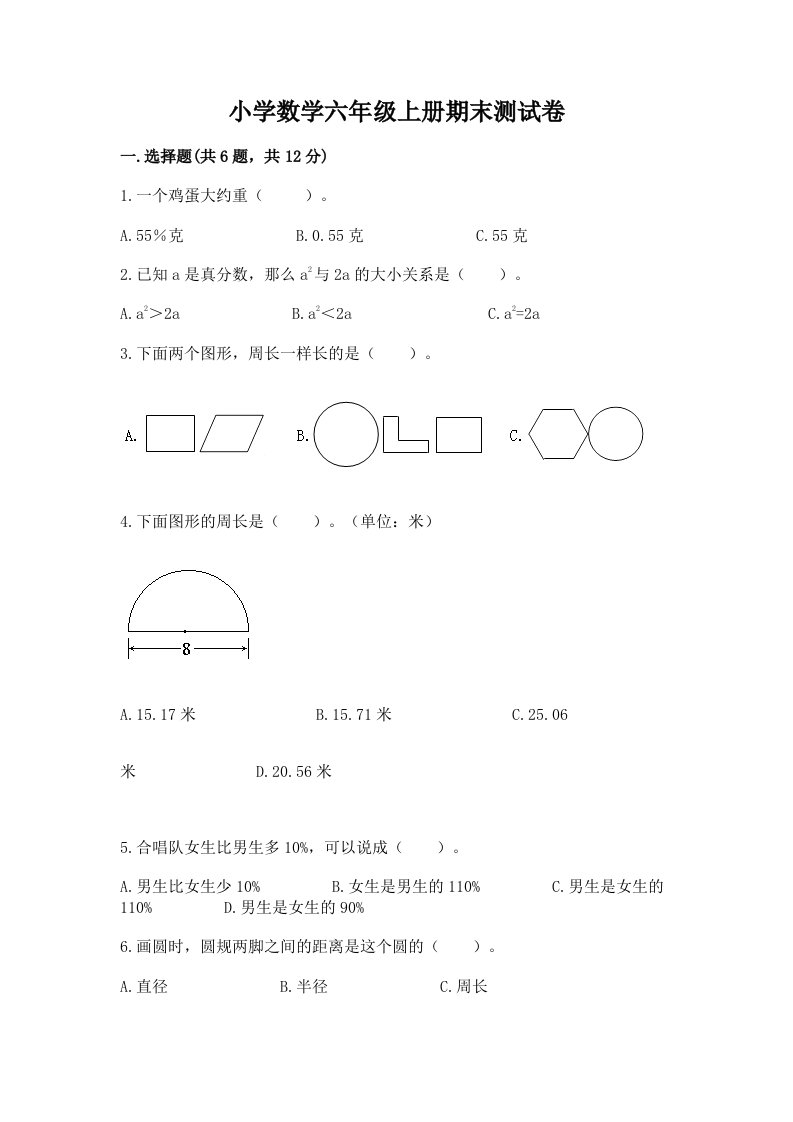 小学数学六年级上册期末测试卷含答案【夺分金卷】