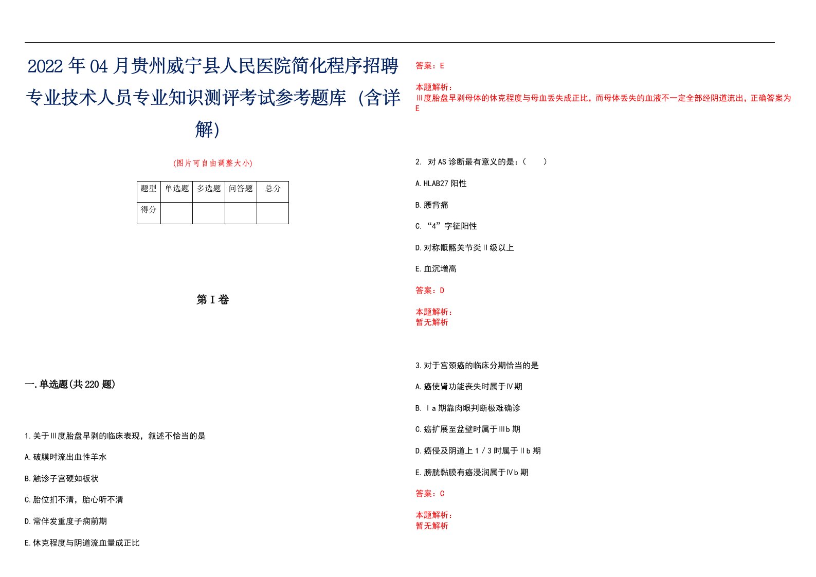 2022年04月贵州威宁县人民医院简化程序招聘专业技术人员专业知识测评考试参考题库（含详解）