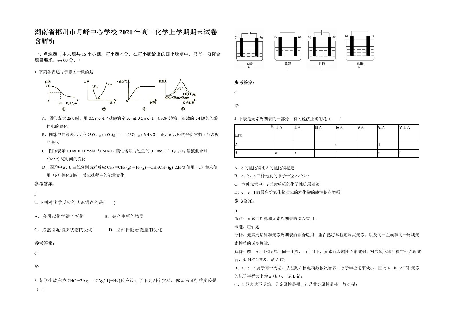 湖南省郴州市月峰中心学校2020年高二化学上学期期末试卷含解析