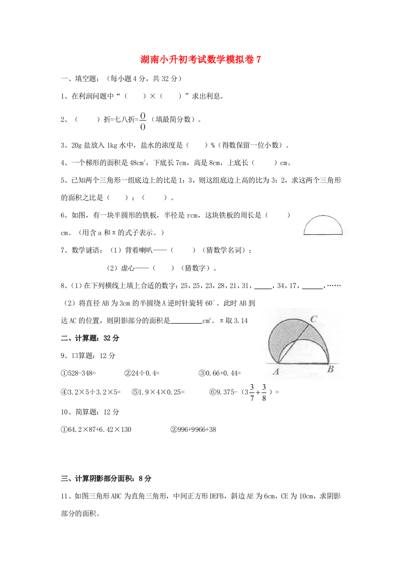 湖南省小升初数学考试模拟卷（七）（无答案）