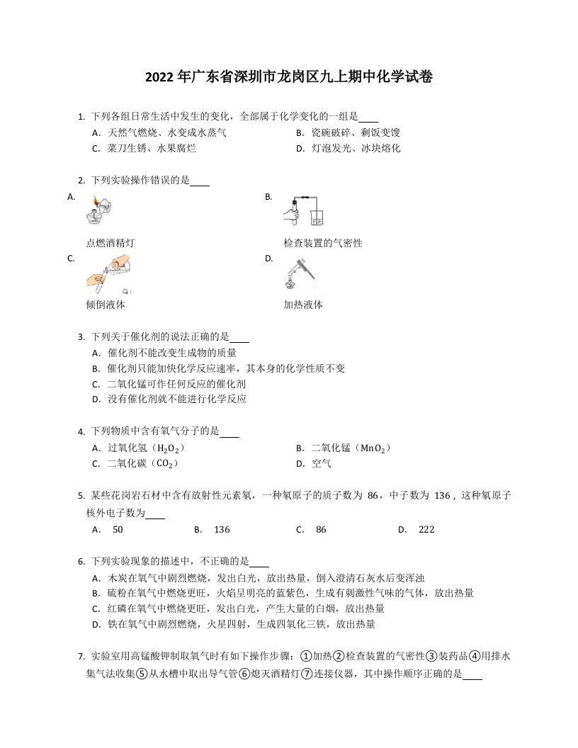 2022学年广东省深圳市龙岗区九年级上学期期中化学试卷（含答案）