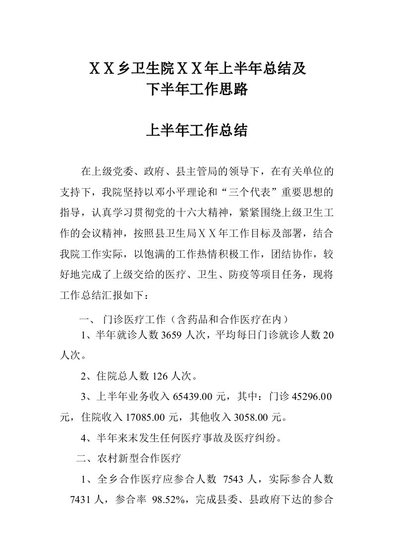 卫生院上半年总结及下半年工作总结