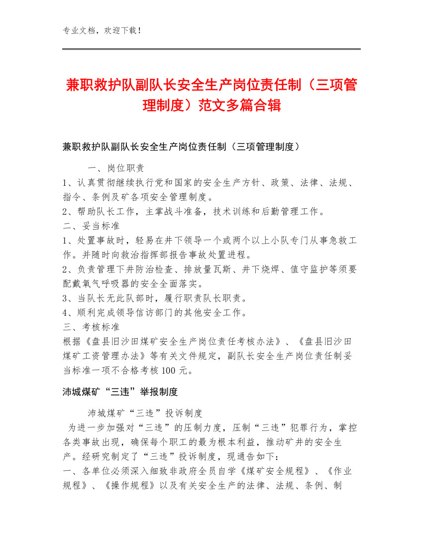 兼职救护队副队长安全生产岗位责任制（三项管理制度）范文多篇合辑