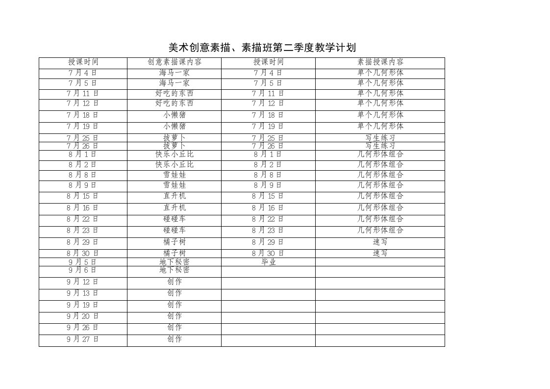 美术素描、国画班第四季度教学计划