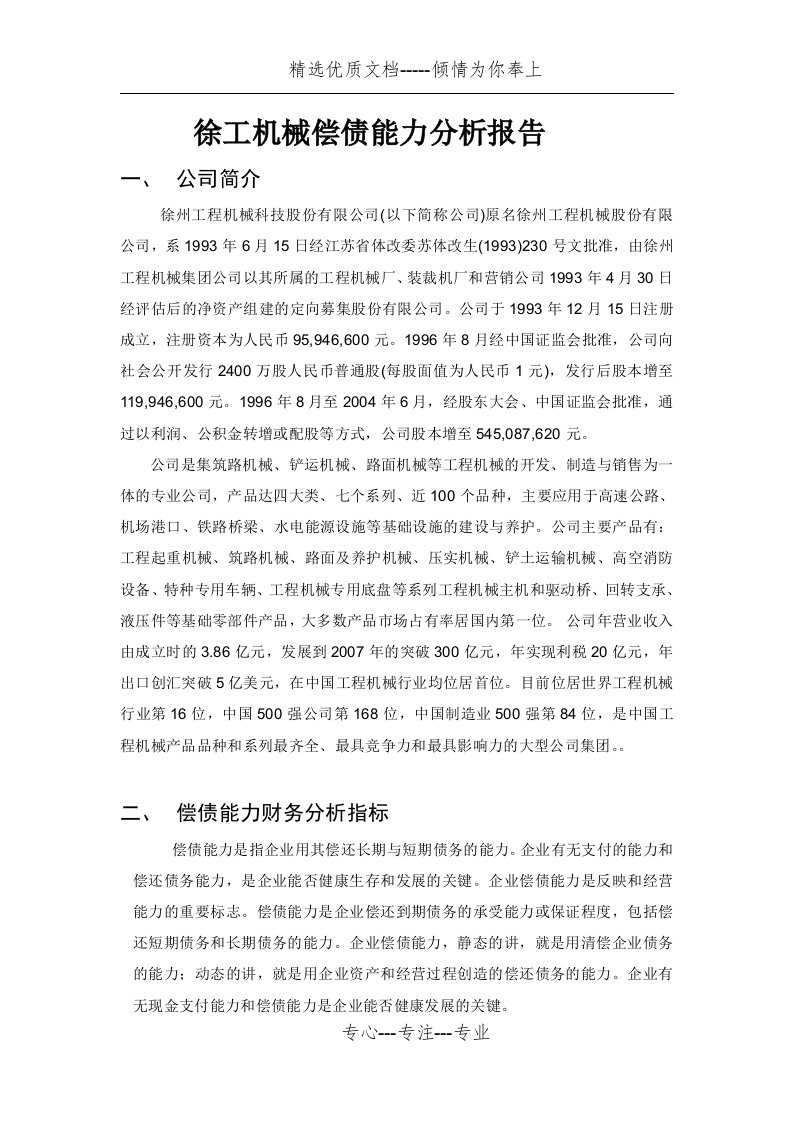 徐工机械偿债能力分析报告(共20页)